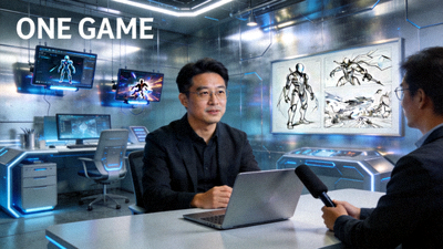 ONE GAME创始人接受专访，背景是充满科技感的办公室与产品概念图