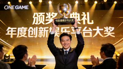 ONE GAME代表在颁奖典礼上手持年度创新娱乐平台大奖奖杯