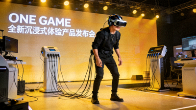 ONE GAME全新沉浸式体验产品发布会，模特正在体验VR设备