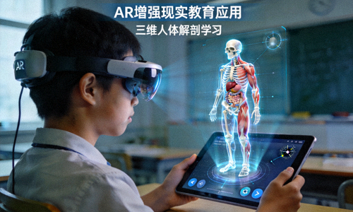 AR增强现实教育应用 - 学生通过AR设备观察三维人体解剖模型