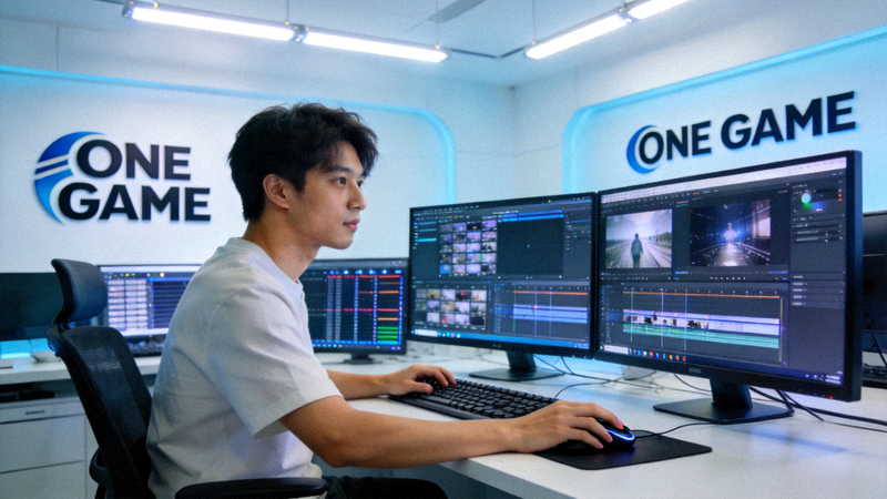 创作者在ONE GAME工作室中使用平台提供的工具进行内容创作 - 年轻创作者正在使用多屏工作站进行视频编辑