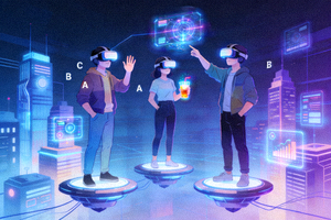 多人社交VR场景 - 三位用户在虚拟空间中聚会交流的示意图