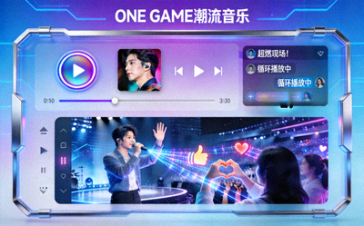 ONE GAME潮流音乐板块展示图 - 现代感音乐播放界面，歌手与听众互动场景