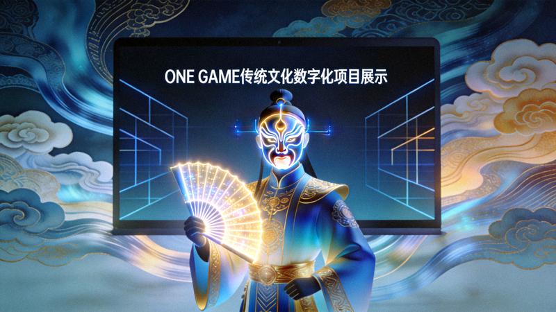 ONE GAME传统文化数字化项目展示 - 屏幕上展示着融合京剧元素与现代设计的数字角色