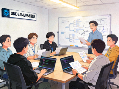 ONE GAME技术团队工作场景 - 技术人员在现代化办公室讨论技术方案