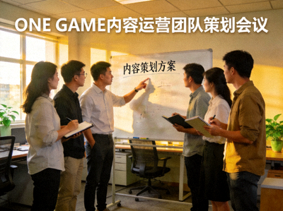 ONE GAME内容运营团队策划会议 - 团队成员在白板前讨论内容策划方案