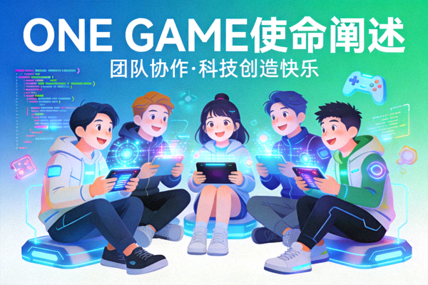 ONE GAME使命阐述插图 - 展示团队协作与科技创造快乐的场景
