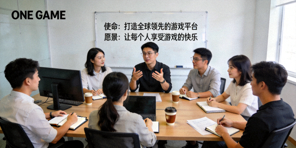 ONE GAME团队开会讨论使命与愿景的办公室场景
