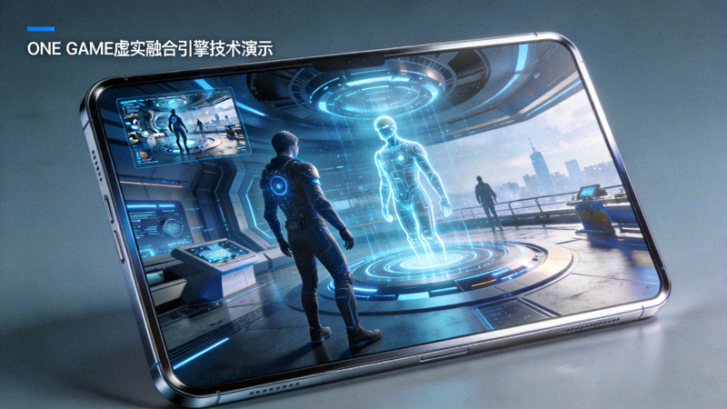 ONE GAME虚实融合引擎技术演示 - 屏幕上展示着虚拟角色与现实场景融合的实时渲染画面
